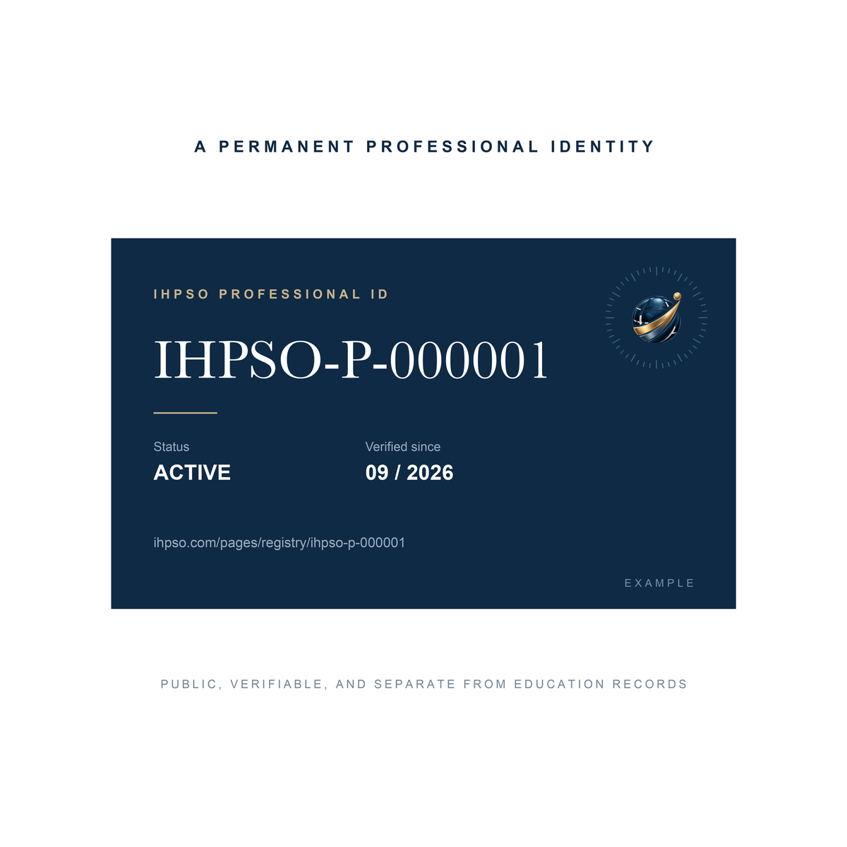 Example of an IHPSO Professional ID and its public Registry address